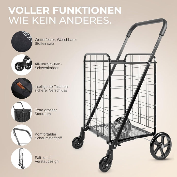 Serenelife Einkaufstrolley Klappbar, Einkaufswagen mit 50L Kapazität, Shopping Trolley bis 31.8kg Be
