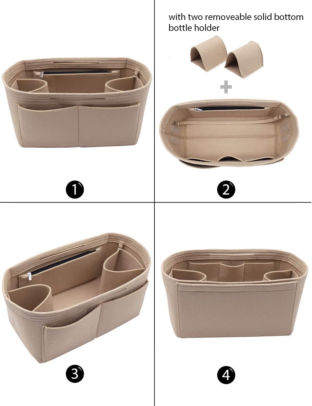Handtascheneinsatz/Organizer aus Filz, Reissverschluss-Taschenbeutel, Tasche-in-der-Tasche, Flaschen