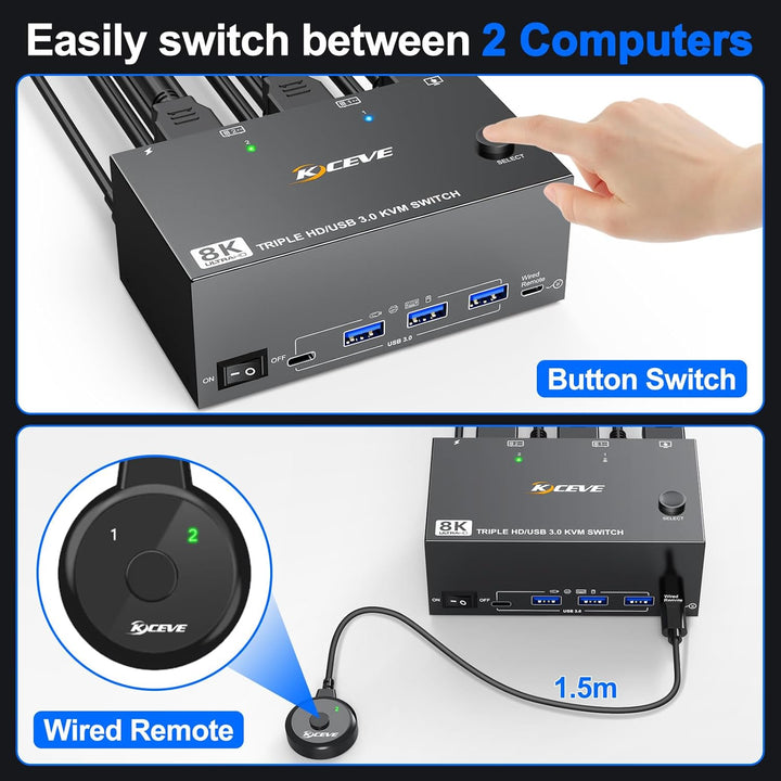 USB 3.0 KVM Switch 2 PC 3 Monitore HDMI 8K@60Hz 4K@144Hz, Triple Monitor KVM Switch HDMI 2.1 Teilen