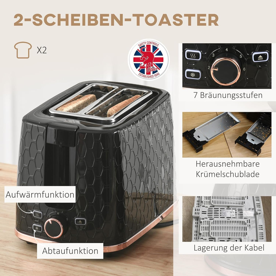 HOMCOM Wasserkocher Toaster Set 2200 W 1,7 Liter Wasserkocher Doppelschlitz Toaster Frühstücksset mi