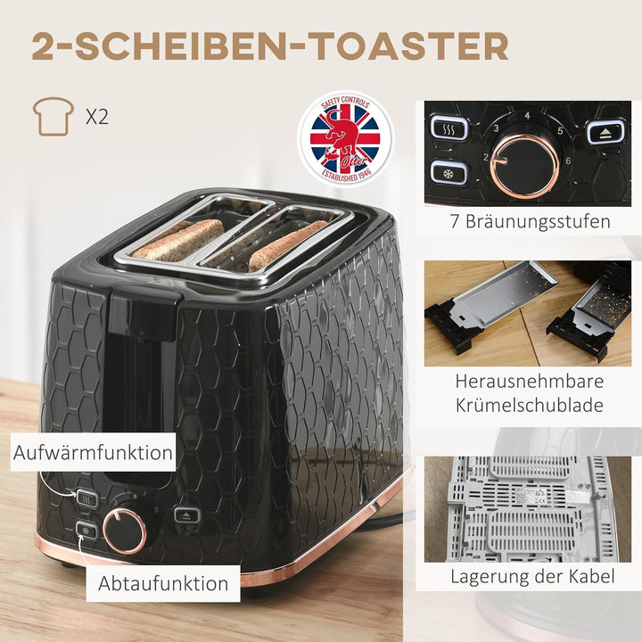 HOMCOM Wasserkocher Toaster Set 2200 W 1,7 Liter Wasserkocher Doppelschlitz Toaster Frühstücksset mi
