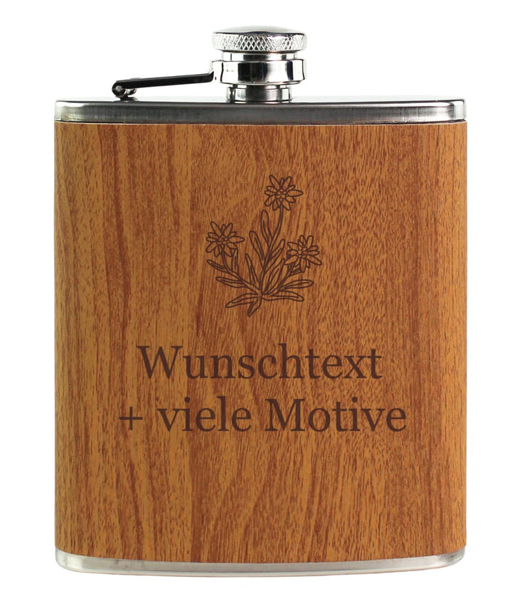 Flachmann mit Gravur, Name + Motiv, Geschenkidee für Männer + Frauen, Schnapsgeschenk in Holz Optik,