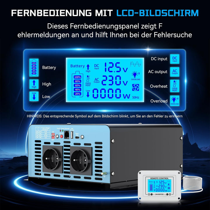 1500W Wechselrichter Reiner Sinus 12V auf 230V KFZ Spannungswandler mit LCD-Bildschirm-Fernbedienung