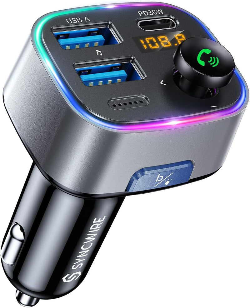 SYNCWIRE Bluetooth 5.3 FM-Transmitter-Autoladegerät 48W (PD 36W &12W) Dualer USB-Anschluss Ladegerät