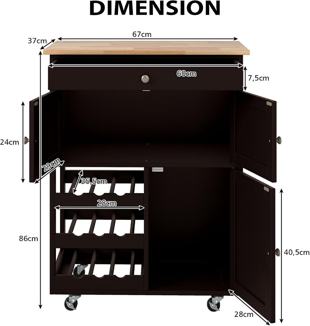 KOMFOTTEU Küchenwagen auf Rollen, Kücheninsel mit Weinregal & 2 Schränke & Schublade, Servierwagen a