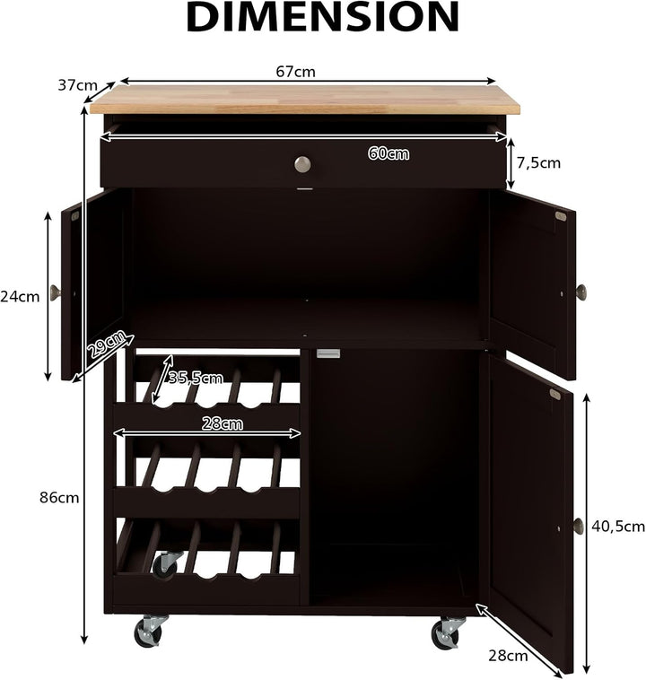 KOMFOTTEU Küchenwagen auf Rollen, Kücheninsel mit Weinregal & 2 Schränke & Schublade, Servierwagen a