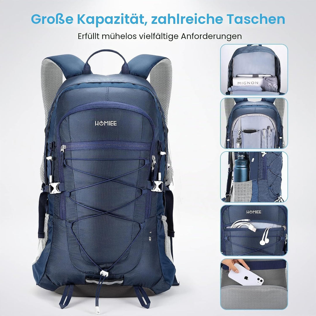 HOMIEE Wanderrucksack 45L, Herren Damen Wasserdichter Rucksack Trekkingrucksack Reiserucksack, Outdo