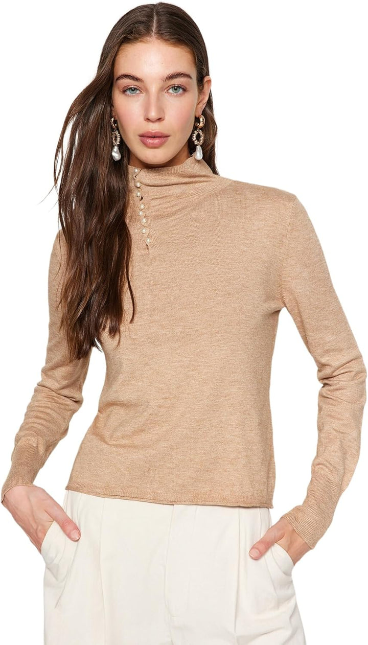 TRENDYOL Damen Slim Fit Basic Standing Collar Knitwear Sweater Pullover M Beige, M Beige