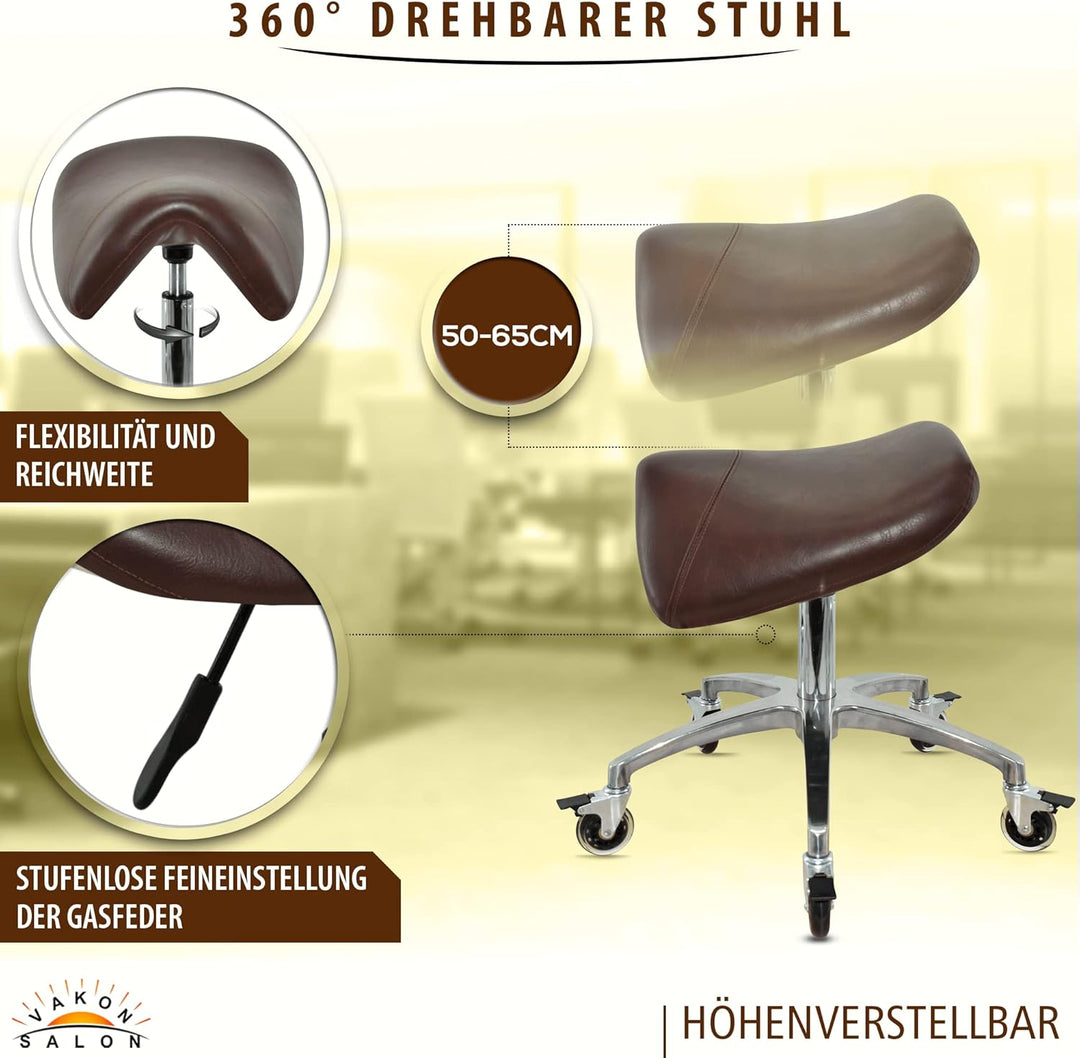 Premium Sattelhocker braun mit Bremse, Sattelstuhl für Rückenentlastung, Rollhocker höhenverstellbar