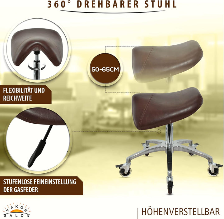 Premium Sattelhocker braun mit Bremse, Sattelstuhl für Rückenentlastung, Rollhocker höhenverstellbar