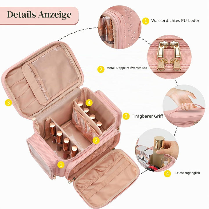 Kosmetiktasche Gross, Reise Make Up Tasche Damen Schminktasche mit Pinselhalter Fach, Portable Makeu