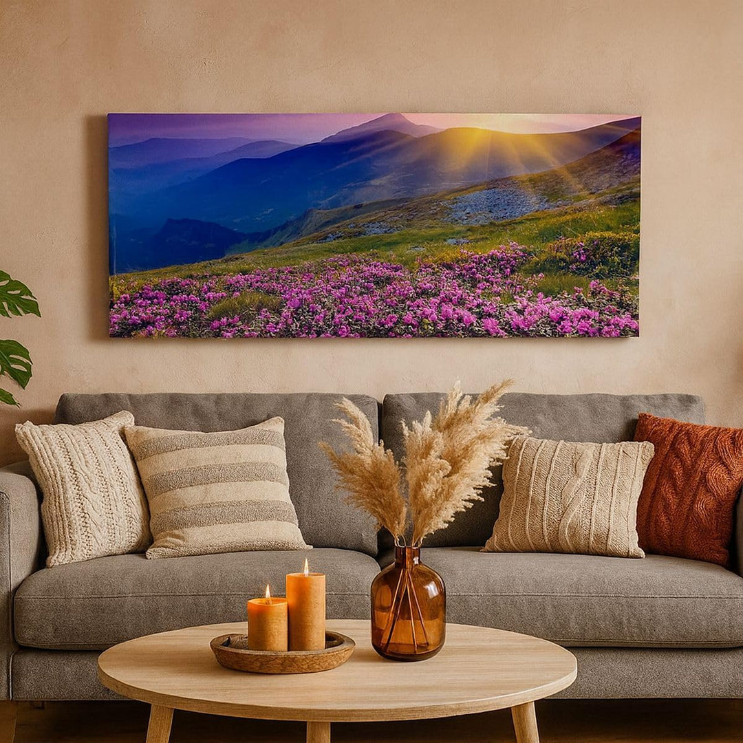 Wandbilder Dekoration Wohnzimmer Wiese Berge Landschaft Panorama Bilder auf Leinwand 120x50cm Leinwa