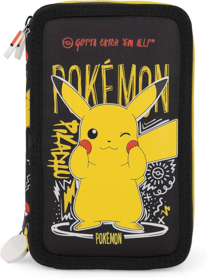 Pokémon Pikachu Federmappe Federtasche Qualitäts-Mäppchen 3-Fach gefüllt mit 42 Teilen Federmäppchen