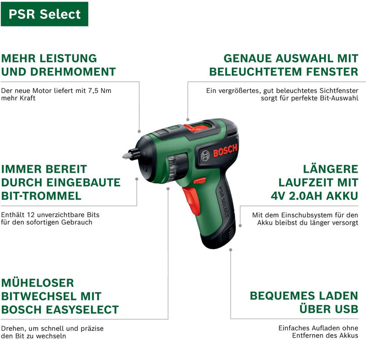 Bosch PSR SELECT Akku-Schrauber (12 Bits, Compact Power BA 4V 2.0 Ah Akku, Karton)