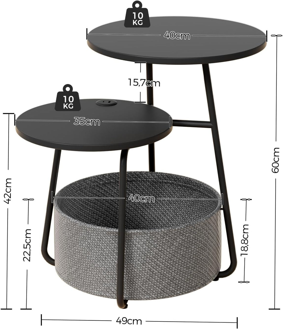Rolanstar Beistelltisch Rund, Kleiner Tisch mit Ladestation, Runder Couchtisch mit grossem Stoffkorb