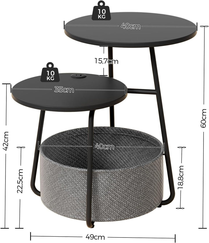 Rolanstar Beistelltisch Rund, Kleiner Tisch mit Ladestation, Runder Couchtisch mit grossem Stoffkorb