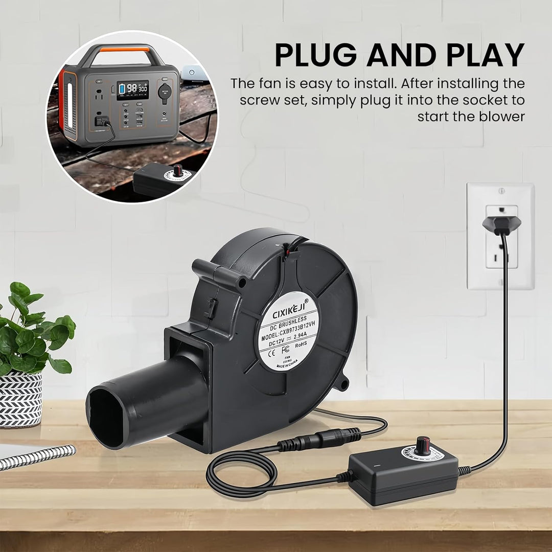 Radiallüfter 12V mit Drehzahlregler, Turbinengebläse für Belüftung, BBQ, Kamin, Kühlung, Ventilator,