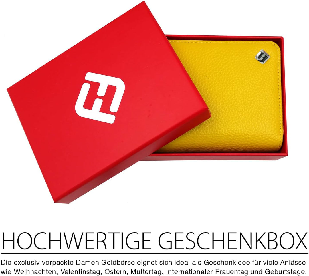 Portemonnaie Damen klein viele Fächer Leder, gelb, Reissverschluss, Münzfach, RFID Schutz | Geldbörs