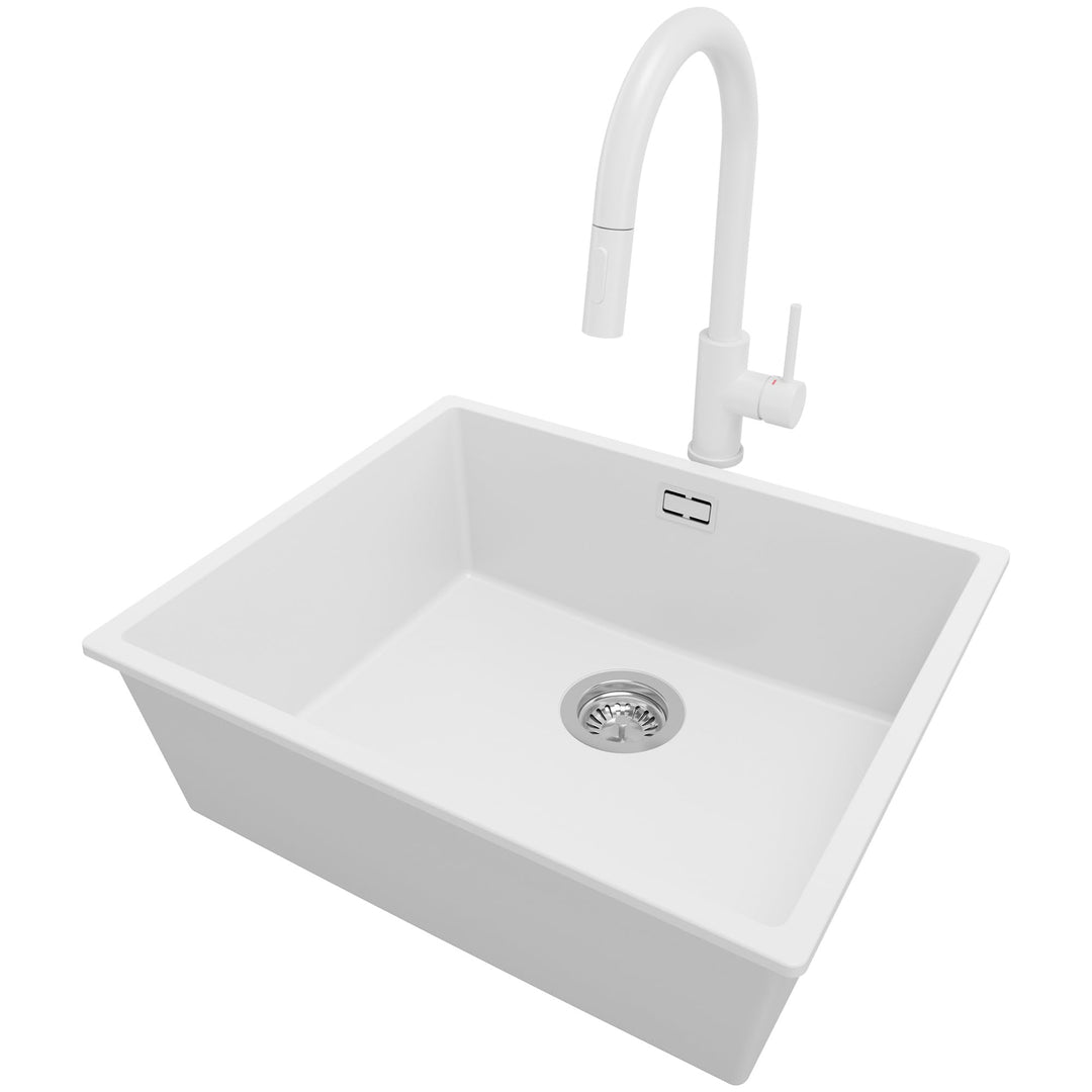 Unterbauspüle Weiss 56 x 47 cm, Granitspüle + Siphon Klassisch + Küchenarmatur, Spülbecken ab 60er U