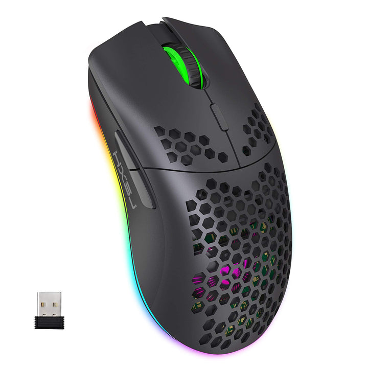 Drahtlose Gaming Maus, 2,4G Superleichte Wabenschale Ergonomische RGB-Mäuse mit 750mAh Akku, Energie