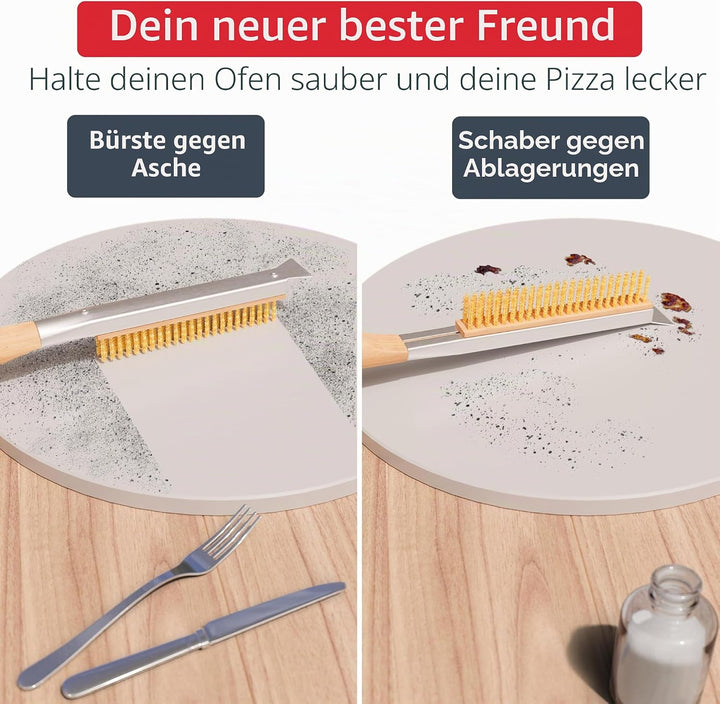 Pizzaofenbürste 55 cm mit Schaber – Reinigungsbürste mit Edelstahlborsten für Pizzaofen & Pizzastein