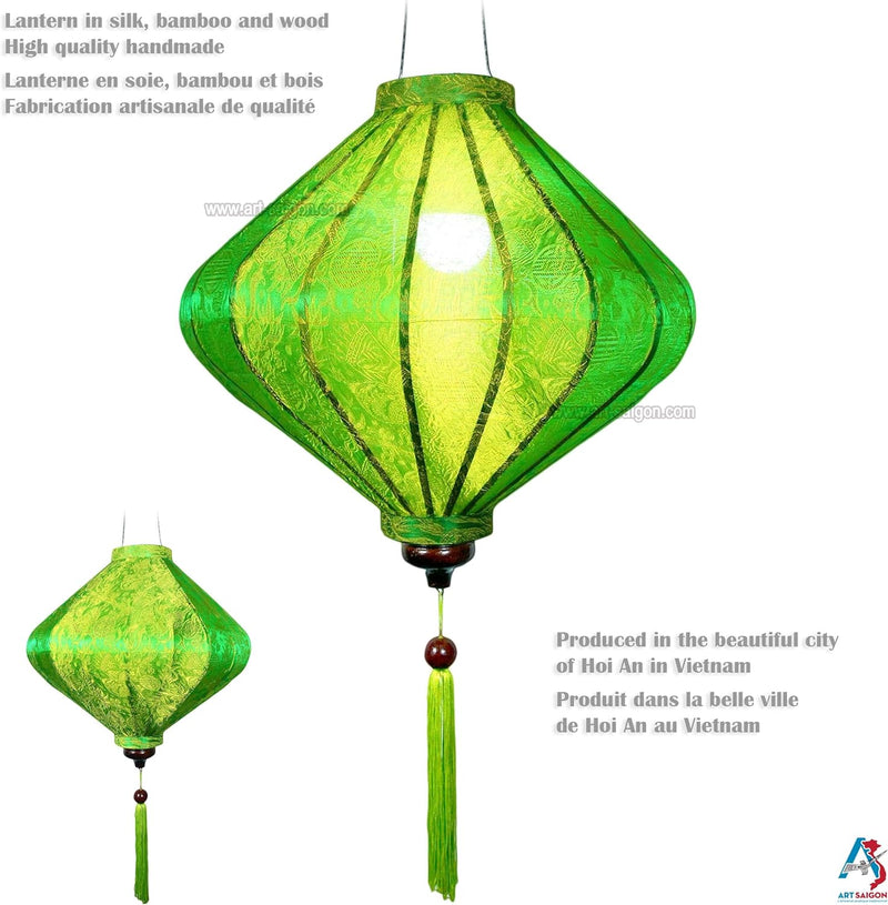 Asiatische Laterne Lampion aus Grün Seide, T Ø39cm - Traditionelle Hoi An Hängelampe aus Stoff, Bamb