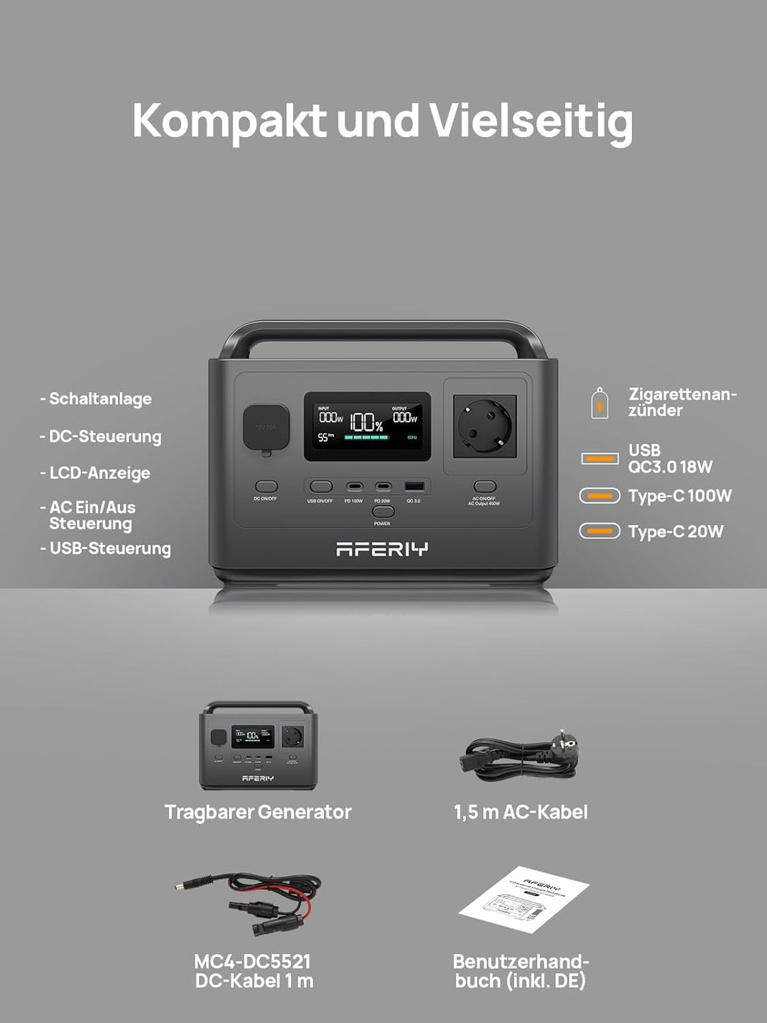 AFERIY AF-P040 Solar Generator mit 100W Solarpanel, 256Wh LiFePO4-Batterie, 400W AC & 100W USB-C Aus