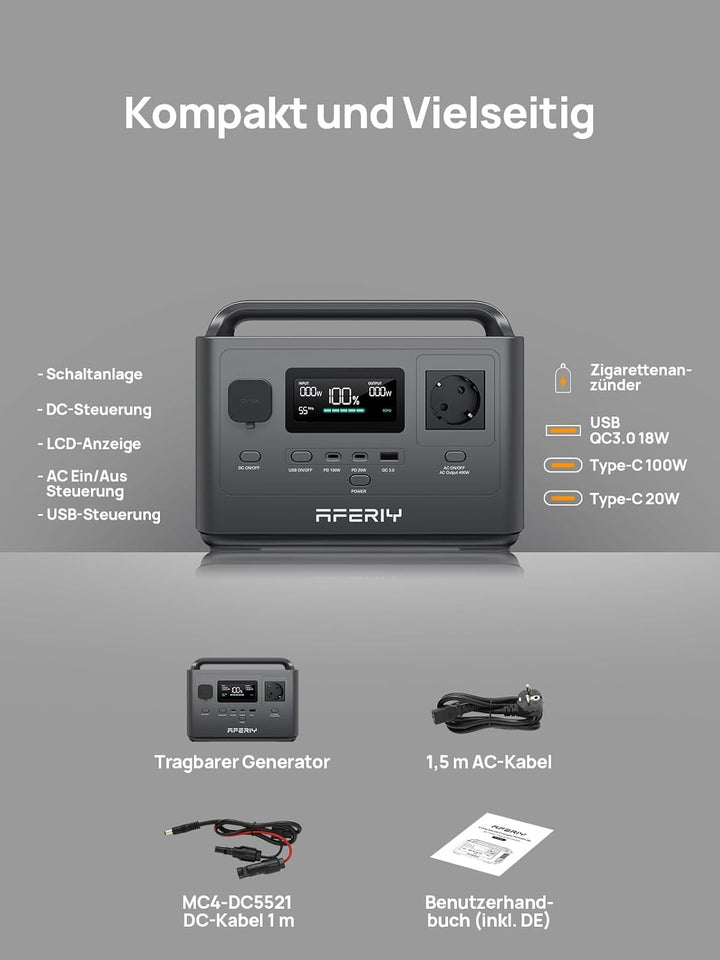 AFERIY AF-P040 Solar Generator mit 100W Solarpanel, 256Wh LiFePO4-Batterie, 400W AC & 100W USB-C Aus