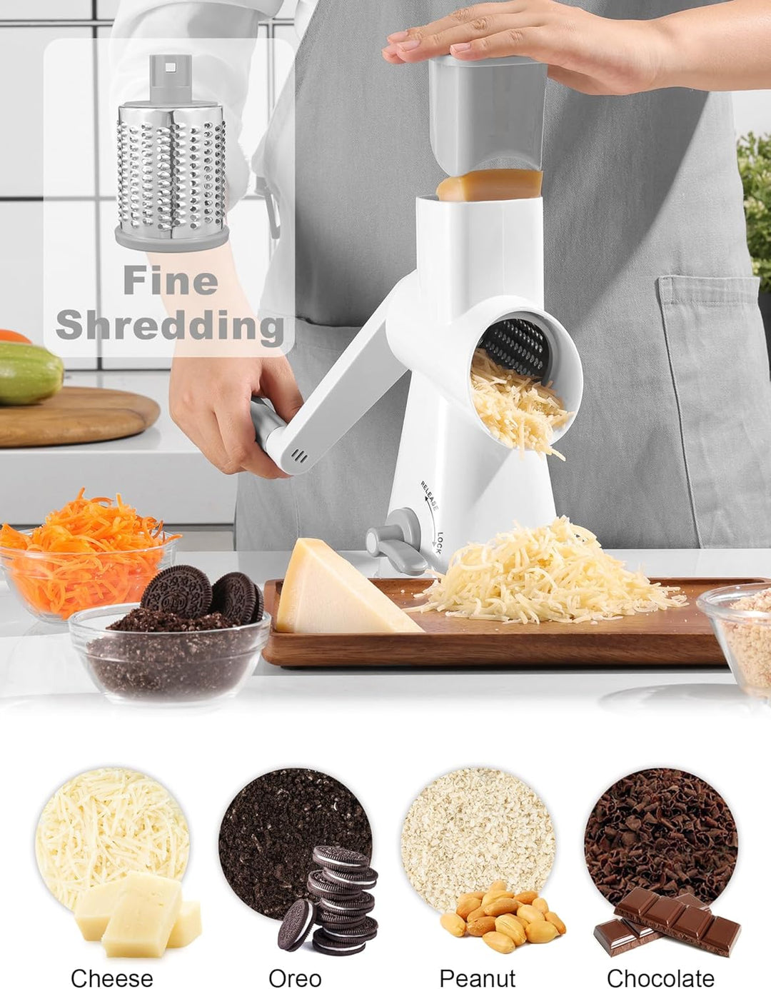 GDL Käsereibe mit Kurbel, Gemüsehobel mit 3 austauschbaren Trommelklingen, Reibe Küche Schnelles Sch