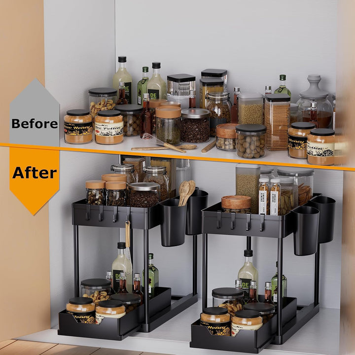 AIXPI Küchen Organizer 2 Etagen, Unter Waschbecken Regal mit Haken und Tasse Gewürzregal Spülschrank