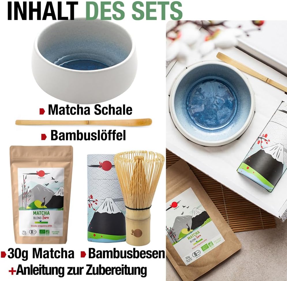 Origeens MATCHA SET MIT PULVER „AZUR“ - Handgefertigte Matcha-Schale (Portugal), Matcha-Besen, Bambu