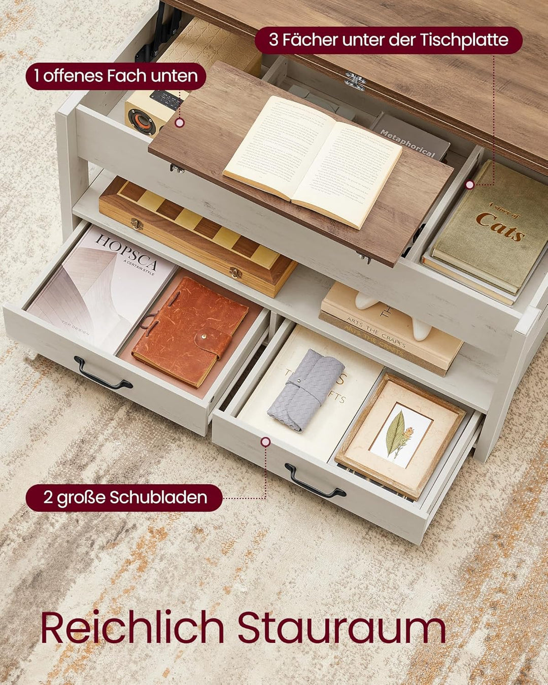 VASAGLE Couchtisch, höhenverstellbarer Wohnzimmertisch, Gaszylinder, 2 Schubladen, 3 Fächer unter de
