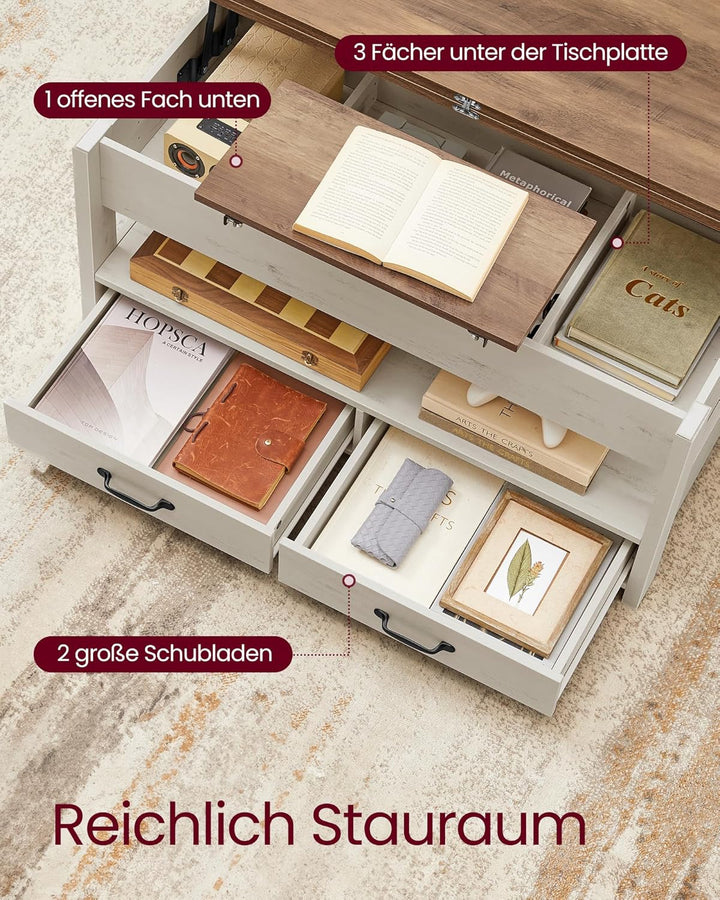 VASAGLE Couchtisch, höhenverstellbarer Wohnzimmertisch, Gaszylinder, 2 Schubladen, 3 Fächer unter de