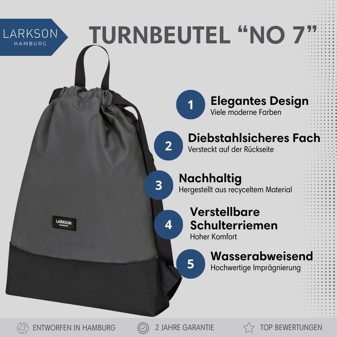 LARKSON Turnbeutel Damen &amp; Herren Grau - No 7 - Rucksack Damen für Sport und Festival - Beutel Rucks