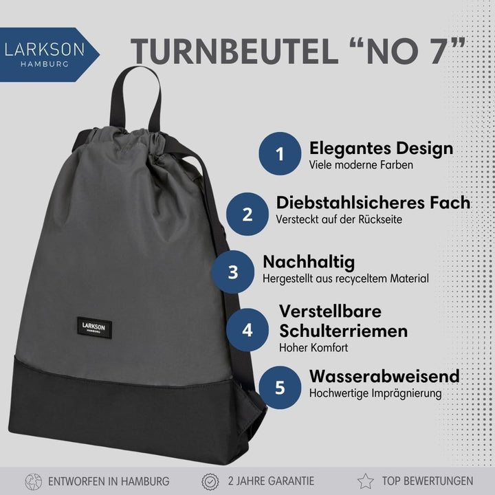 LARKSON Turnbeutel Damen &amp; Herren Grau - No 7 - Rucksack Damen für Sport und Festival - Beutel Rucks