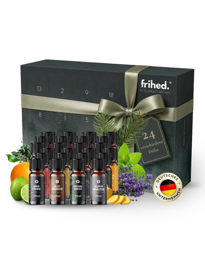 frihed.® Saunaaufguss Duftkalender Probierpaket - Hochkonzentrierte Öle - 24x verschiedene Düfte - G
