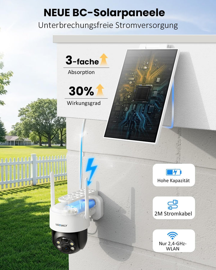 2K Überwachungskamera Aussen Solar, 360° PTZ Kamera Überwachung Aussen Akku, 2,4GHz WLAN Kamera mit