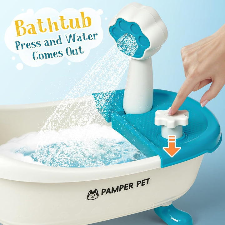 Hund Spielzeug Kinder, Hund Kuscheltier mit Drück-Wasser-Badewanne &amp; Waschbaren Buntstifte, Kreative