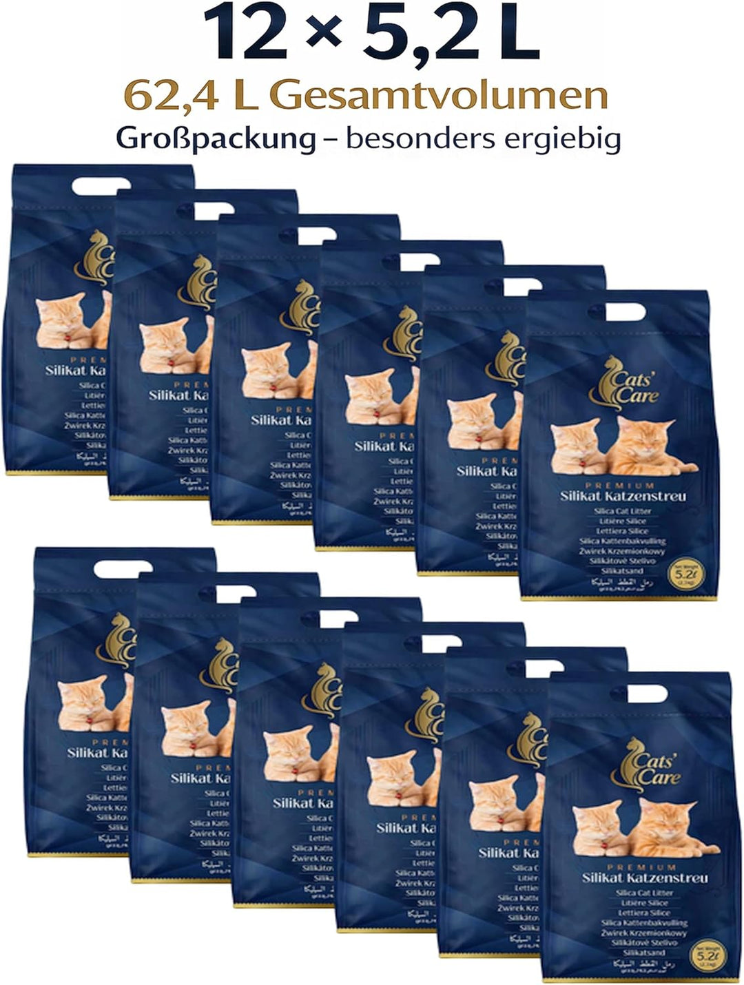 12 × 5,2 L Cats' Care Premium Silikat Katzenstreu, 12er Grosspackung, Gesamtvolumen 62,4 L