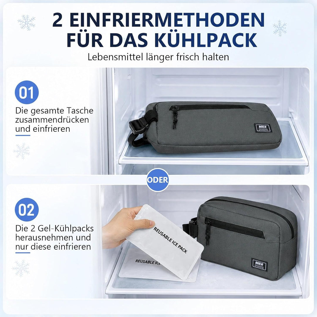 MIER gefrierbare Kühltasche klein 3L, Lunchbag, Snackbox, Grau | Für das Tiefkühlfach gemacht, breit