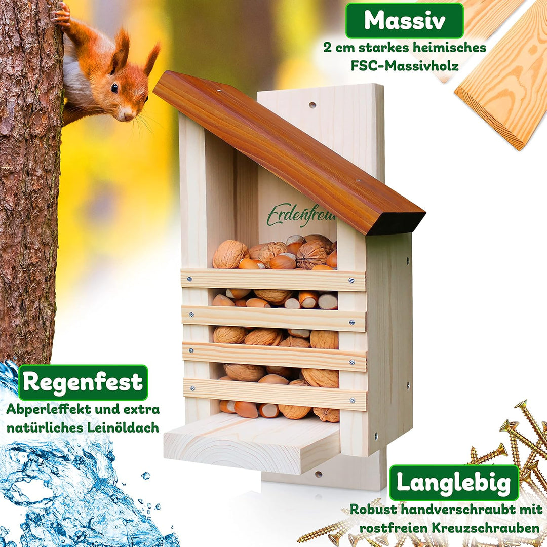 ERDENFREUND® Eichhörnchen Futterhaus ohne scharfes Glas & Genickbruch-Klappe 100% sicher wetterfest