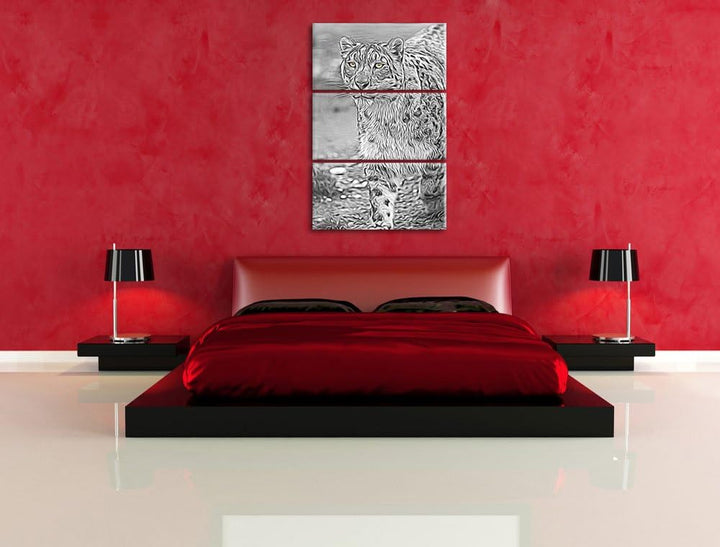 maiestätischer Schneeleopard schwarz/weiss Deluxe 3-Teiler Leinwandbild 120x80 Bild auf Leinwand, XX