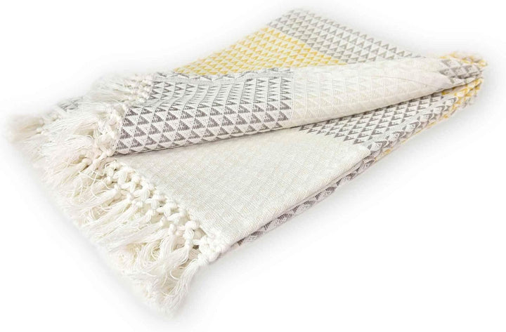 Wohndecke Plaid Dana, 150x200 cm, Weiss (Weiss) Braun Gelb (senfgelb), Gemustert, Boho, Baumwolle, g