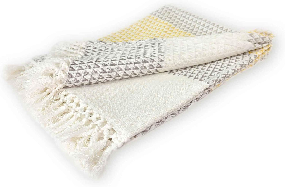Wohndecke Plaid Dana, 150x200 cm, Weiss (Weiss) Braun Gelb (senfgelb), Gemustert, Boho, Baumwolle, g