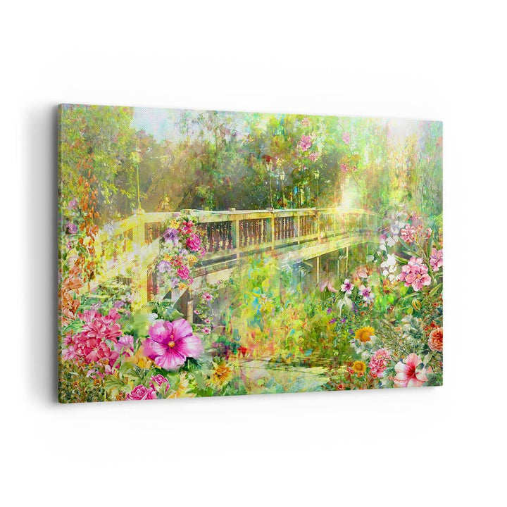 Bilder auf Leinwand 100x70cm Leinwandbild Brücke Park Blume Frühling Gross Wanddeko Bild Schlafzimme