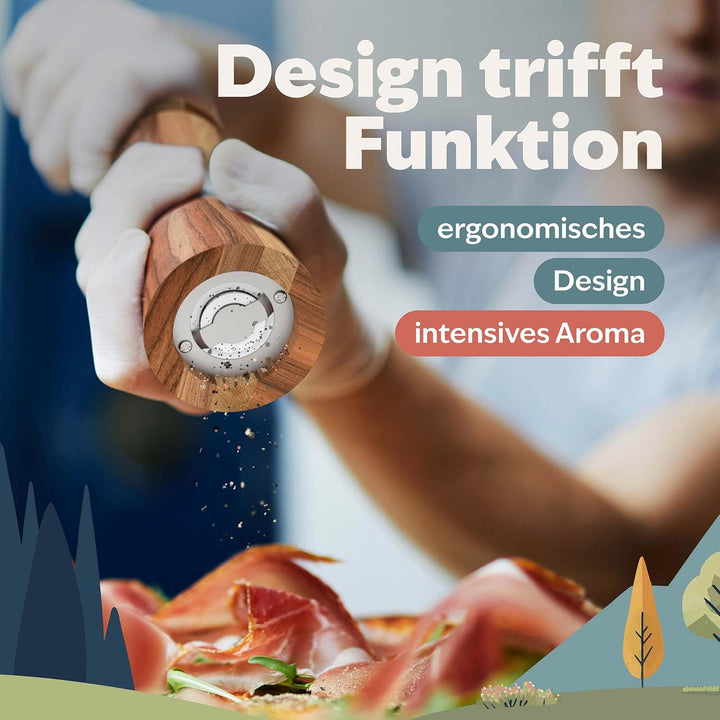 kjøk Premium Salz und Pfeffer Mühle massives Akazienholz mit Untersetzer, Reinigungsbürste und Einfü