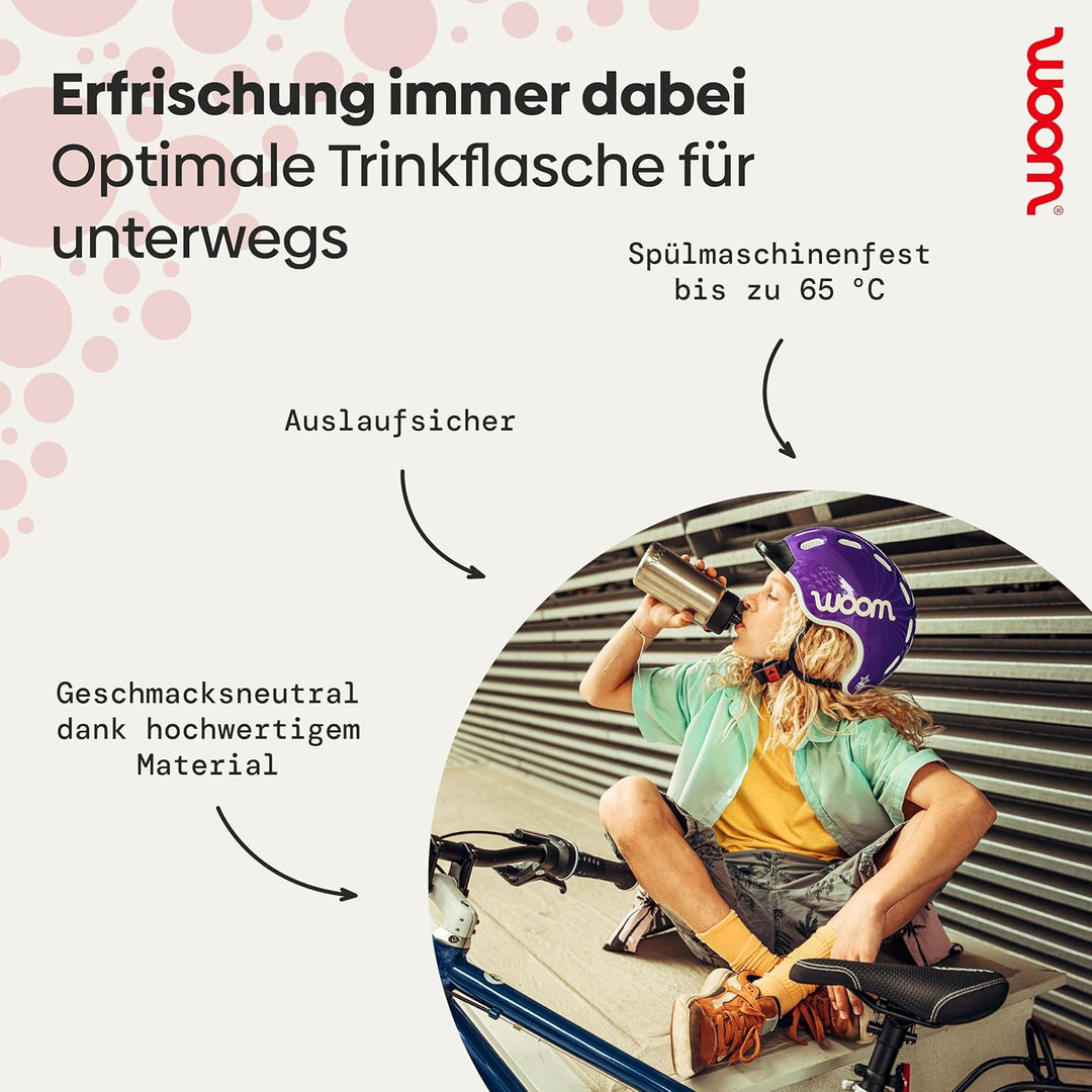 woom GLUG Edelstahlflasche mit Flaschenhalter, Trinkflasche für Kinder, Fahrradflasche, 500 ml, Ausl