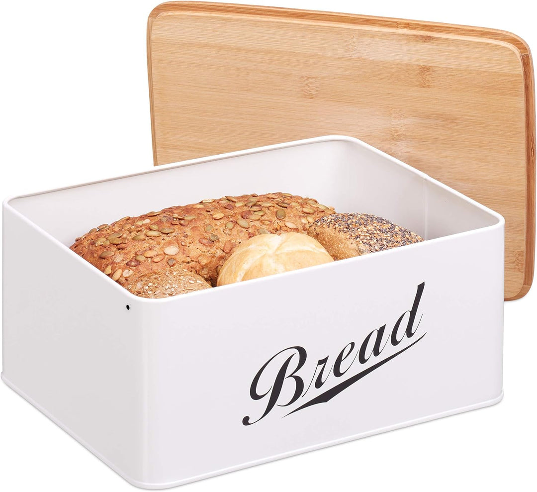 Relaxdays Brotkasten, Brotbox in Retro Design, Bambusdeckel, mit Aufschrift "Bread", Metall, 14 x 30