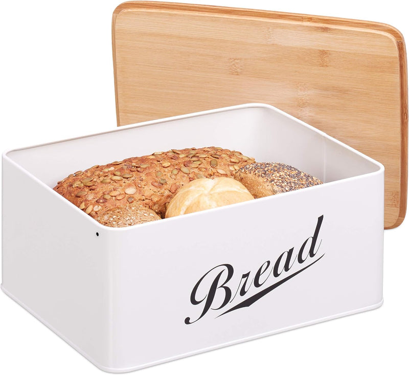 Relaxdays Brotkasten, Brotbox in Retro Design, Bambusdeckel, mit Aufschrift "Bread", Metall, 14 x 30