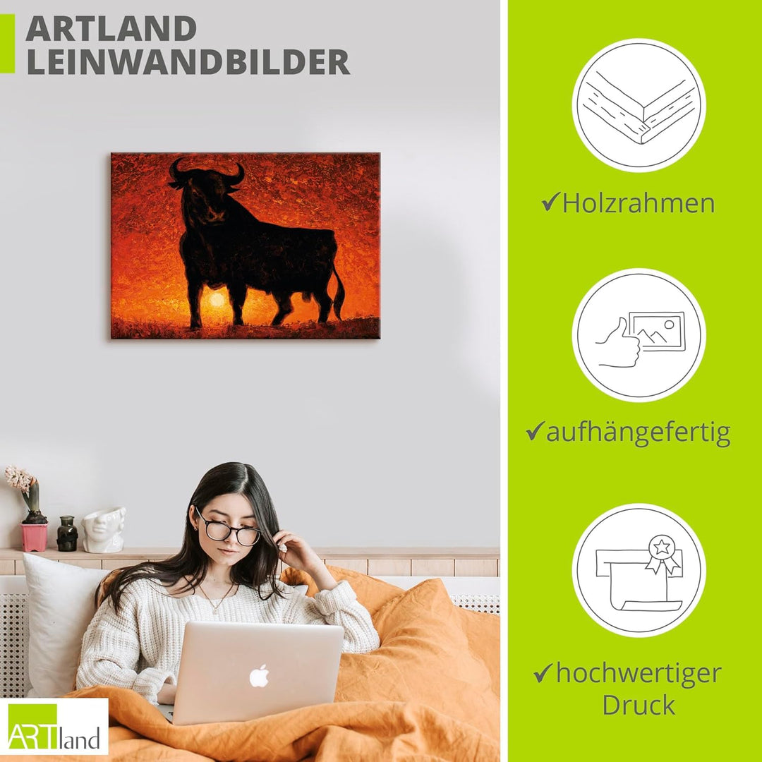Artland Leinwandbild Wandbild Bild auf Leinwand 70x50 cm Wanddeko Stier Tiere Spanien Stierkampf Kat